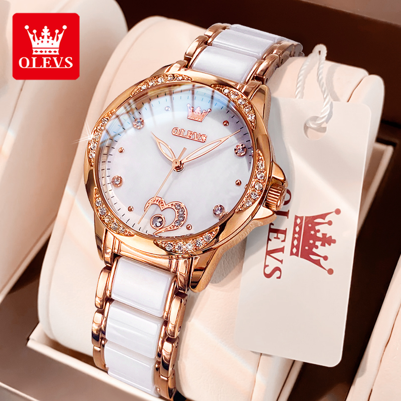 Watch Winder Compact - นาฬิกาข้อมือผู้หญิง OLEVS 6631 ระบบอัตโนมัติ ดีไซน์แฟชั่นรูปหัวใจ สายเซรามิก